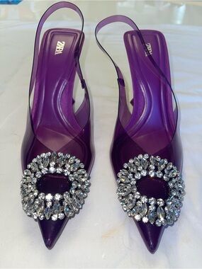 Zara Purple Jeweled Pointed Slingback Heels